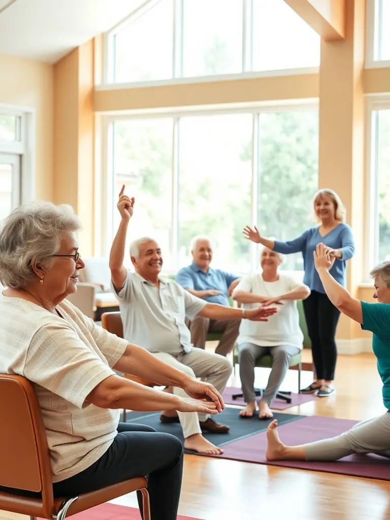A group of seniors participating in a gentle stretching exercise class, led by an instructor in a community center. They are smiling and appear relaxed.