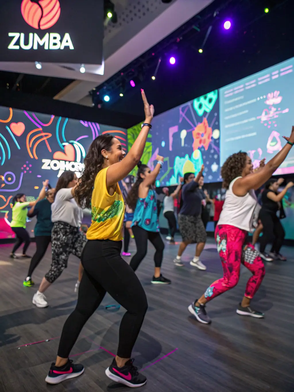 A diverse group of adults engaged in a Zumba class, following the energetic lead of the instructor, at GYMNASTIQUE VOLONTAIRE BOURGESCLEMENCEAU.