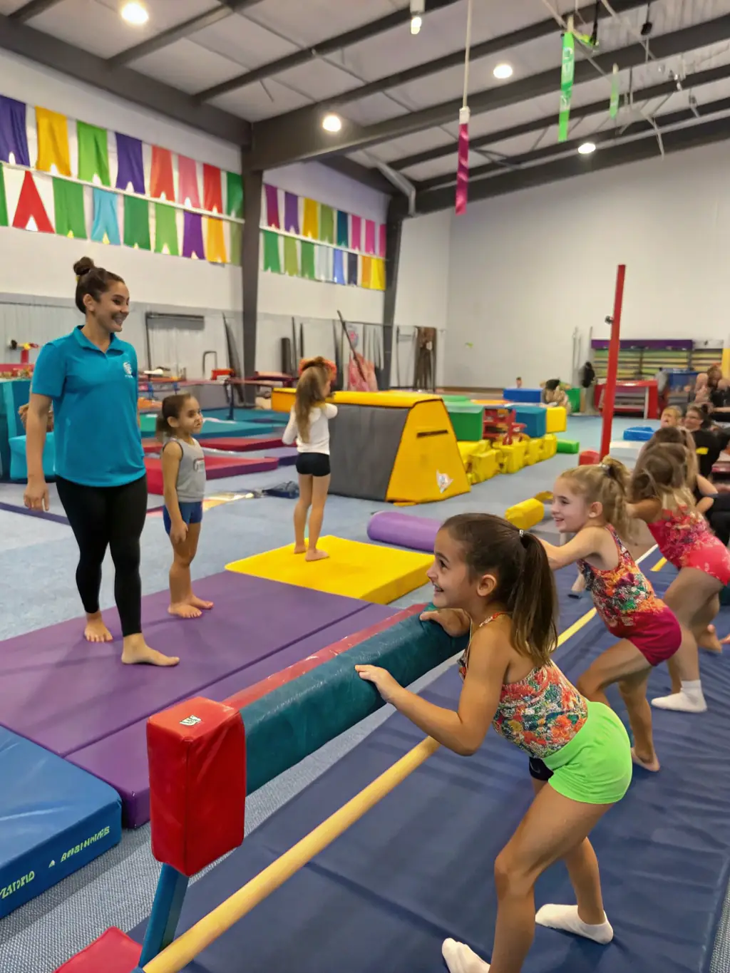 Children participating in a gymnastics class, learning basic movements and having fun under the supervision of qualified instructors, at GYMNASTIQUE VOLONTAIRE BOURGESCLEMENCEAU.