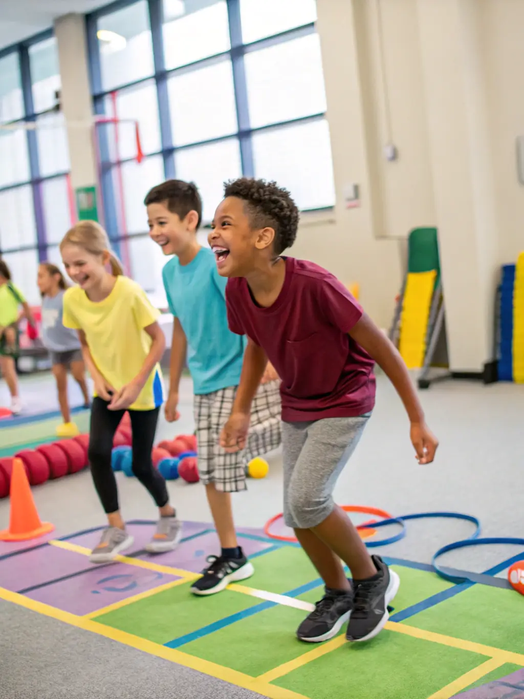 Children playing various sports and games in a gymnasium, supervised by instructors. The atmosphere is energetic and joyful.