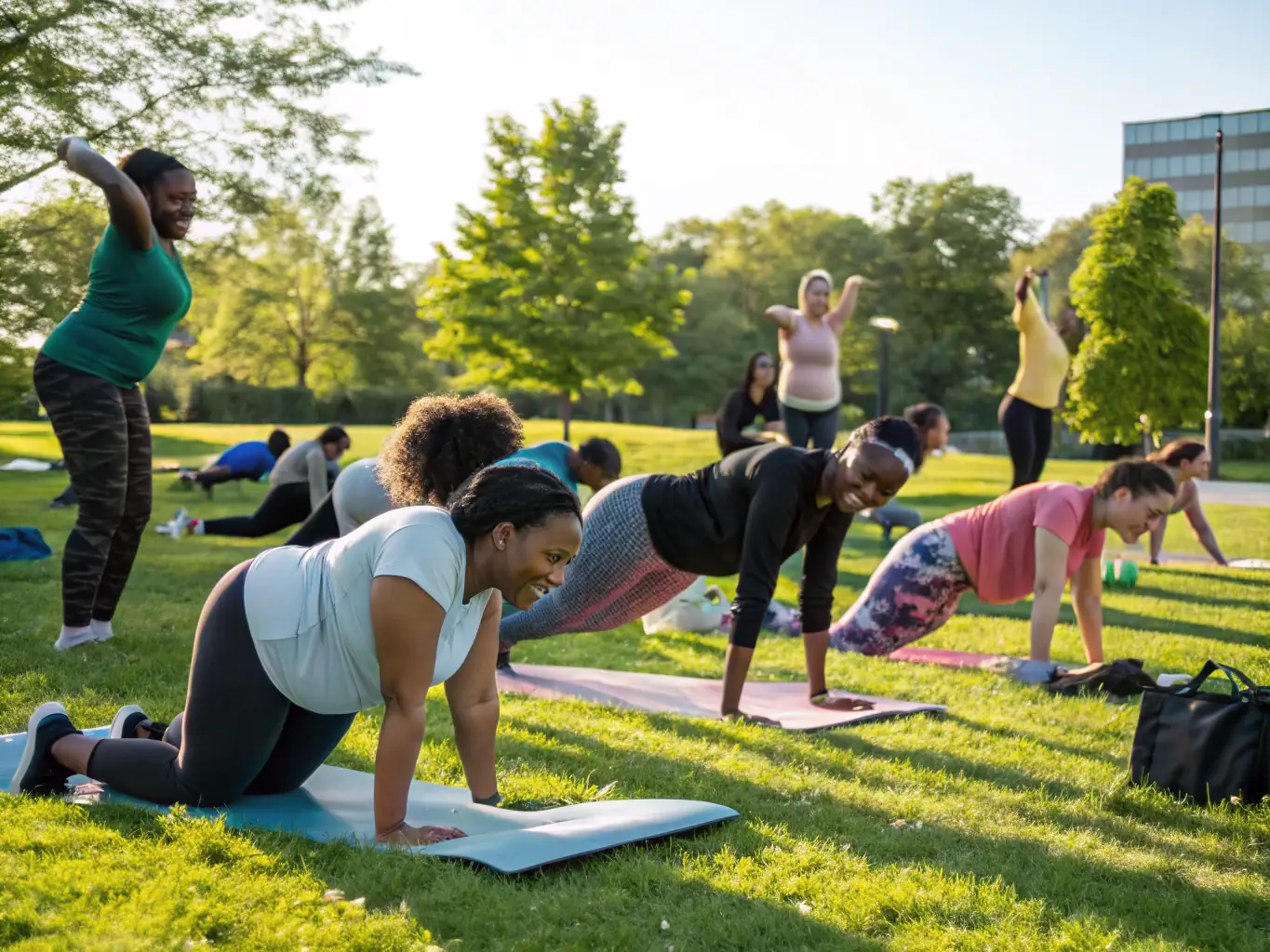 A group of diverse individuals participating in a gentle stretching exercise in a sunny park, led by an instructor. The atmosphere is relaxed and friendly, emphasizing the inclusive nature of GYMNASTIQUE VOLONTAIRE BOURGESCLEMENCEAU.