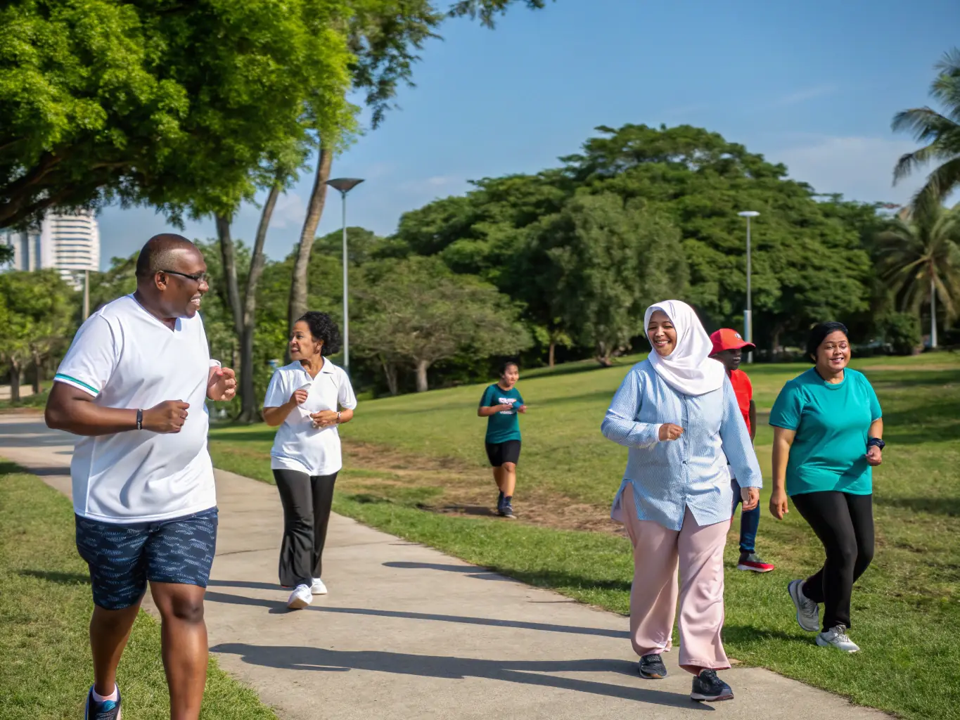 A group of people of different ages laughing and chatting after a fitness class, showcasing the social connections and community spirit fostered by GYMNASTIQUE VOLONTAIRE BOURGESCLEMENCEAU.