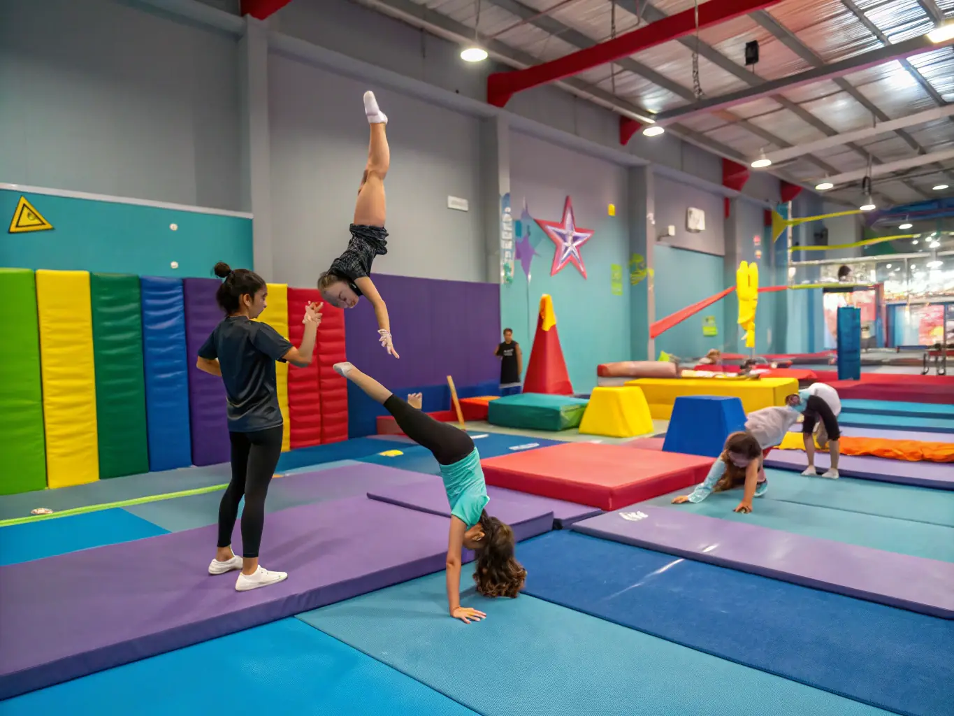 Children participating in a fun and engaging gymnastics class, with colorful mats and equipment. A qualified instructor is guiding them through basic movements and exercises, promoting coordination, balance, and a love for physical activity.