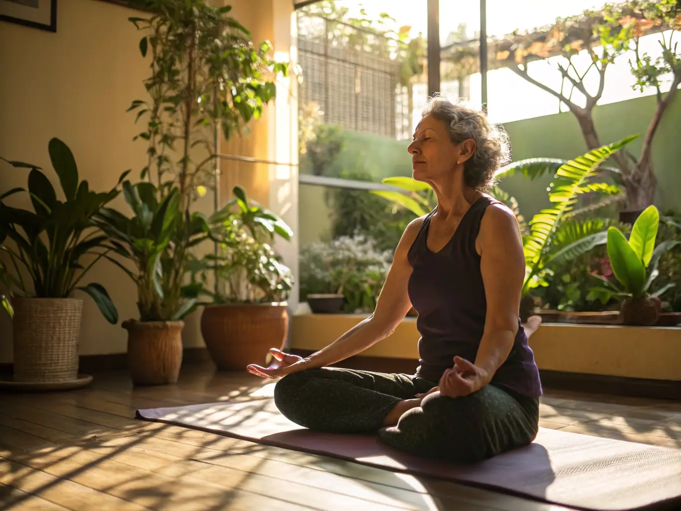 A smiling woman in her 60s confidently performing a yoga pose in a class setting. The image conveys a sense of empowerment and improved self-esteem through physical activity.