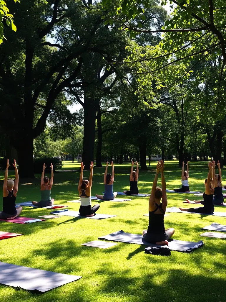 A group of people doing yoga poses in a park, with a yoga instructor guiding them. The scene is peaceful and serene.