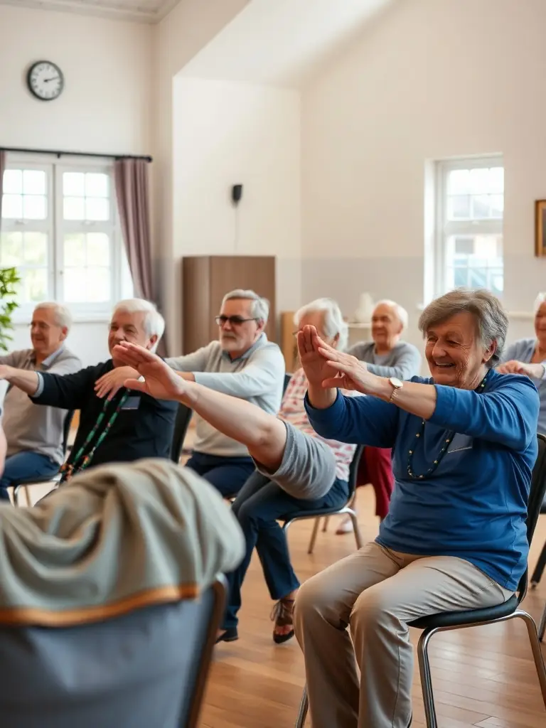 A group of seniors participating in a gentle stretching exercise class, led by an instructor, in a bright and spacious studio at GYMNASTIQUE VOLONTAIRE BOURGESCLEMENCEAU.
