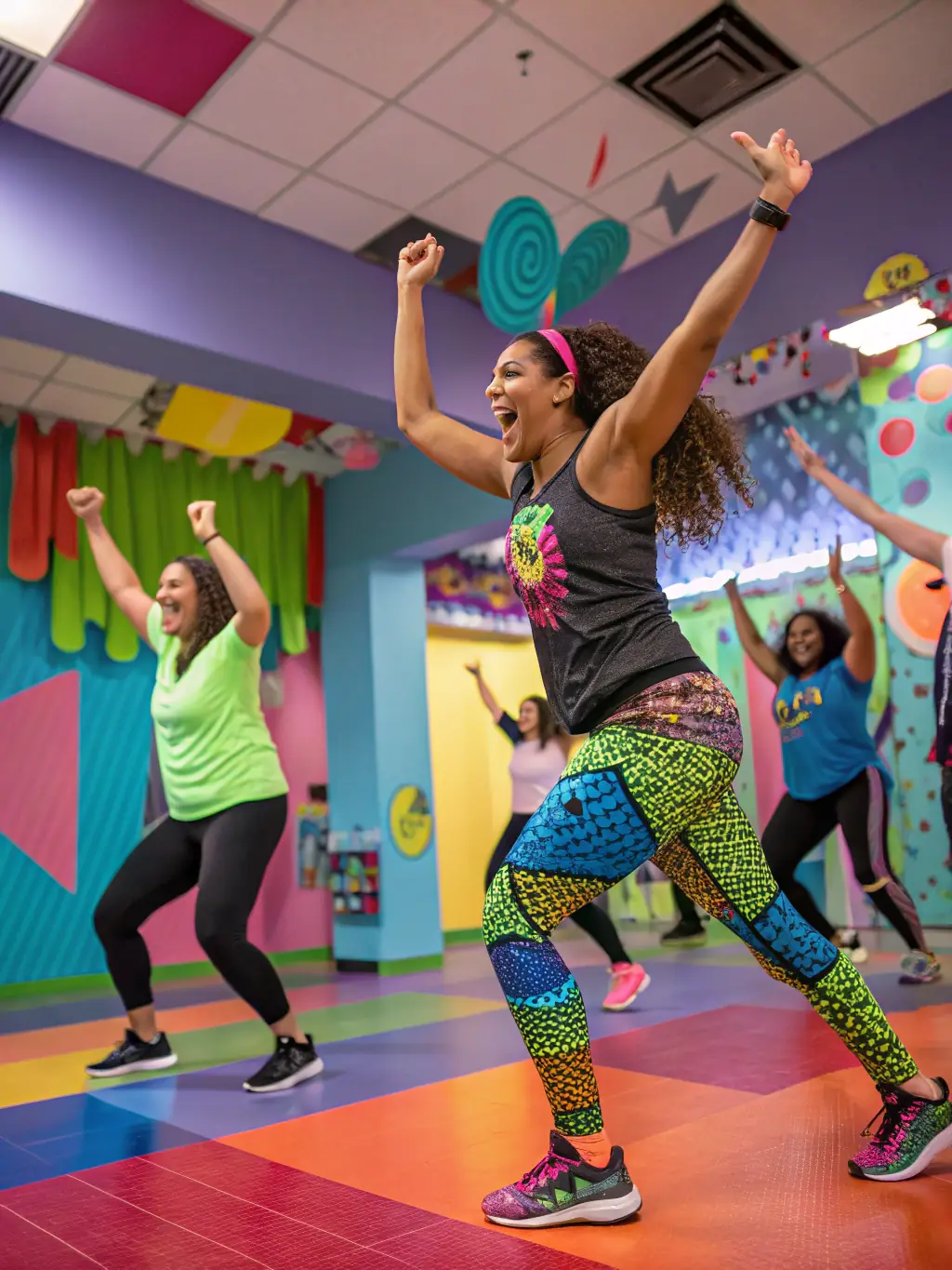 A diverse group of adults participating in a Zumba class, with a high-energy instructor leading the dance moves in a brightly lit studio.