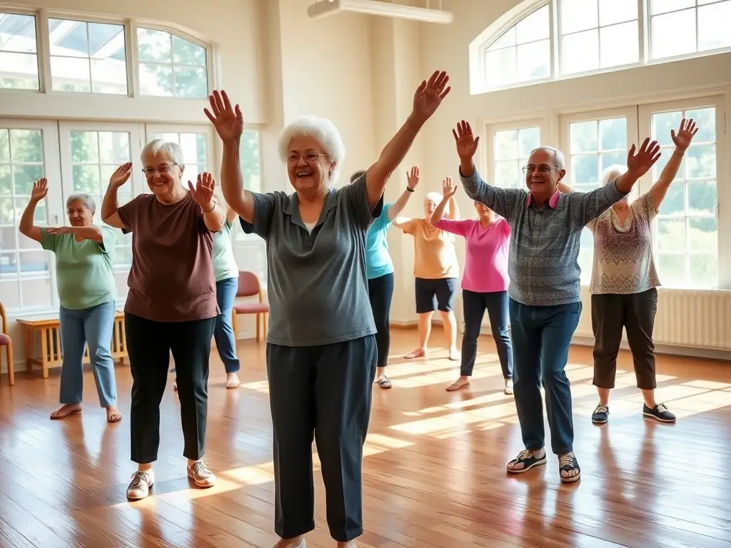 A group of seniors participating in a gentle stretching exercise class, led by a qualified instructor, in a bright and spacious community center. The atmosphere is relaxed and supportive, emphasizing the benefits of physical activity for older adults.